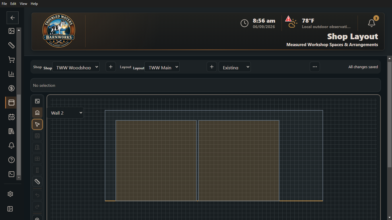 Troubled Waters BarnWorks Shop Layout showing a wall elevation with two large openings in Dark theme.
